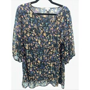Lilly Starr Women's L‎ Sheer Floral Black Multicolor 3/4 Sleeves Lightweight Top